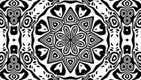 a mesmerizing black and white kaleidoscopic mandala with swirling fluid symmetry, shifting geometric patterns, and hypnotic motion in a seamless loop