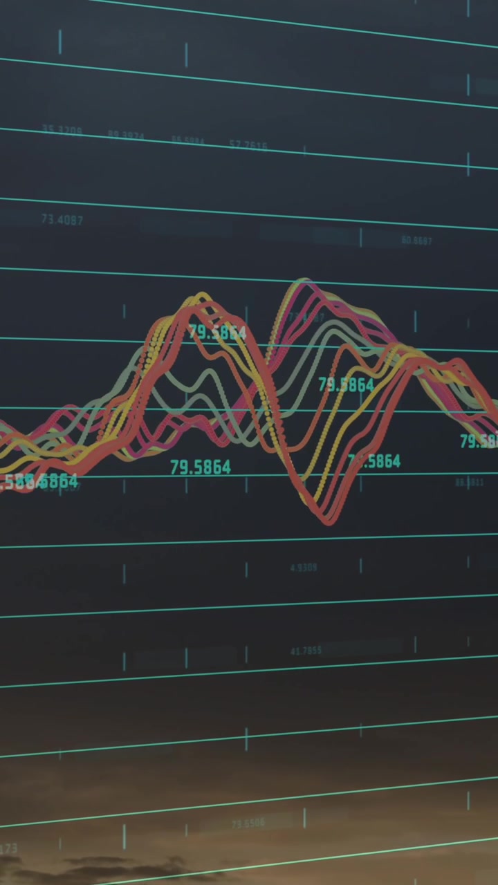 Animation of finacial data processing over cityscape