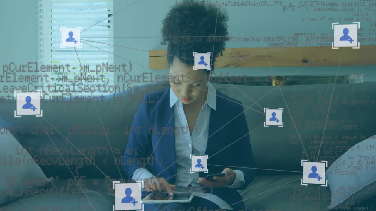 Web of connections icons and Data processing against woman using digital tablet and smartphone
