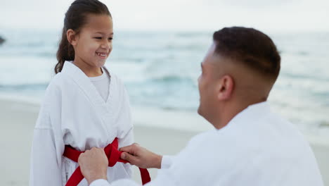 beach, karate and belt by father