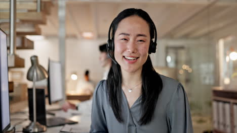 Gesicht,-Callcenter-Und-Asiatische-Frau