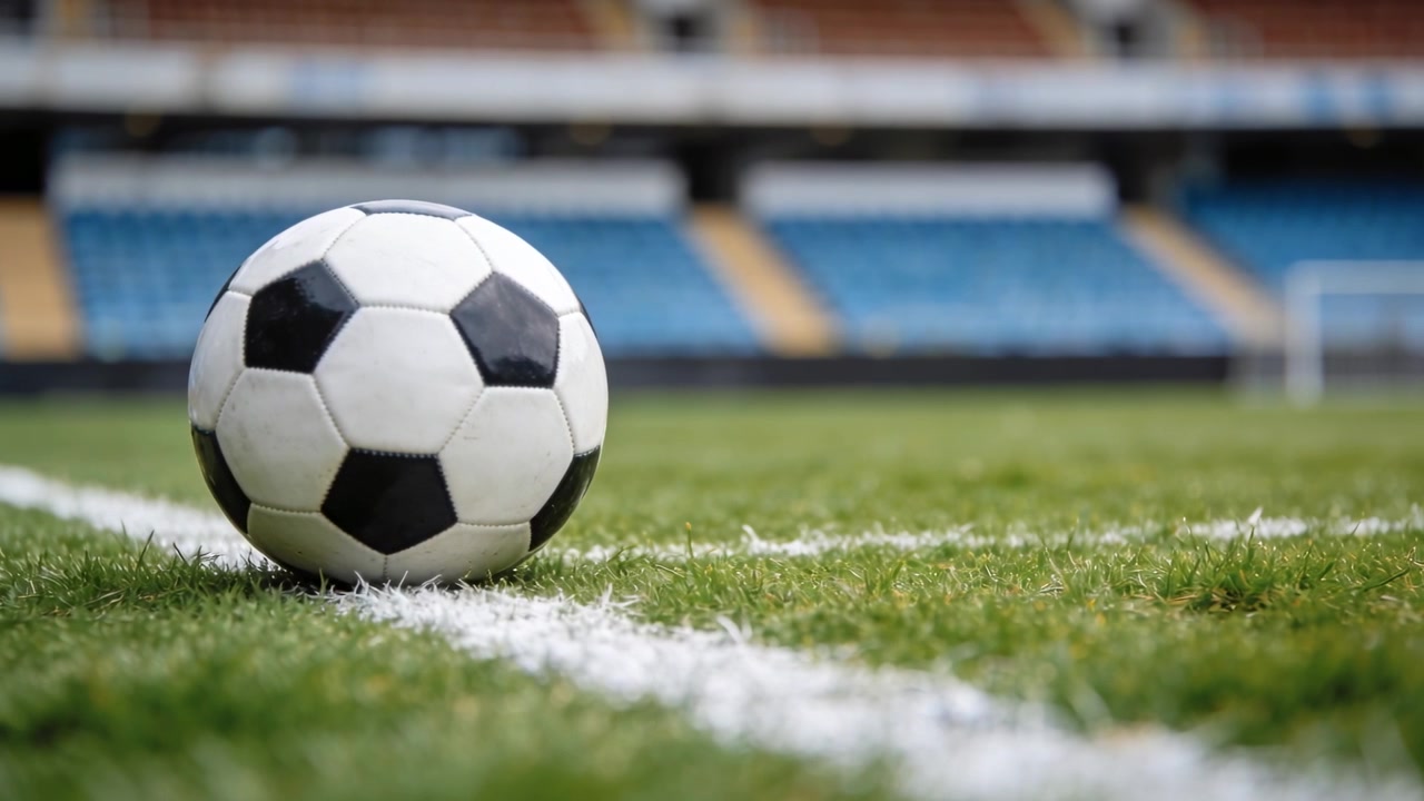 Skiftende kamera zoomer ind for at fremhæve en fodbold på en malet hvid linje til venstre for en græsklædt bane.