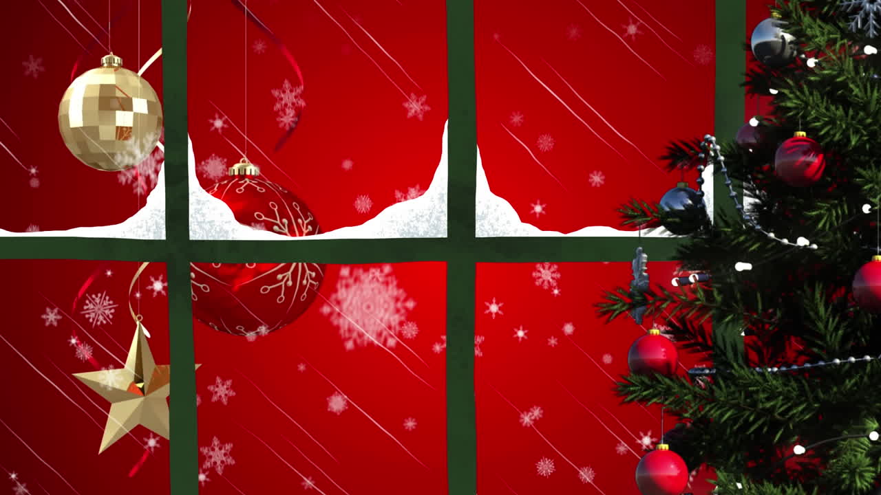 árbol de navidad y marco de ventana de madera contra las decoraciones de navidad sobre fondo rojo