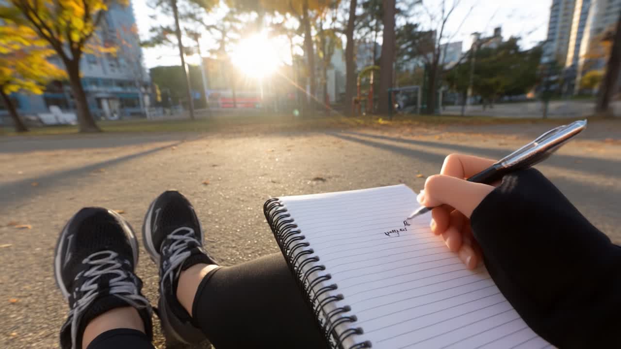 A Glimpse into Creativity: Capturing a Serene Moment of Writing in Nature, with the Sun Setting on a Peaceful Park Landscape