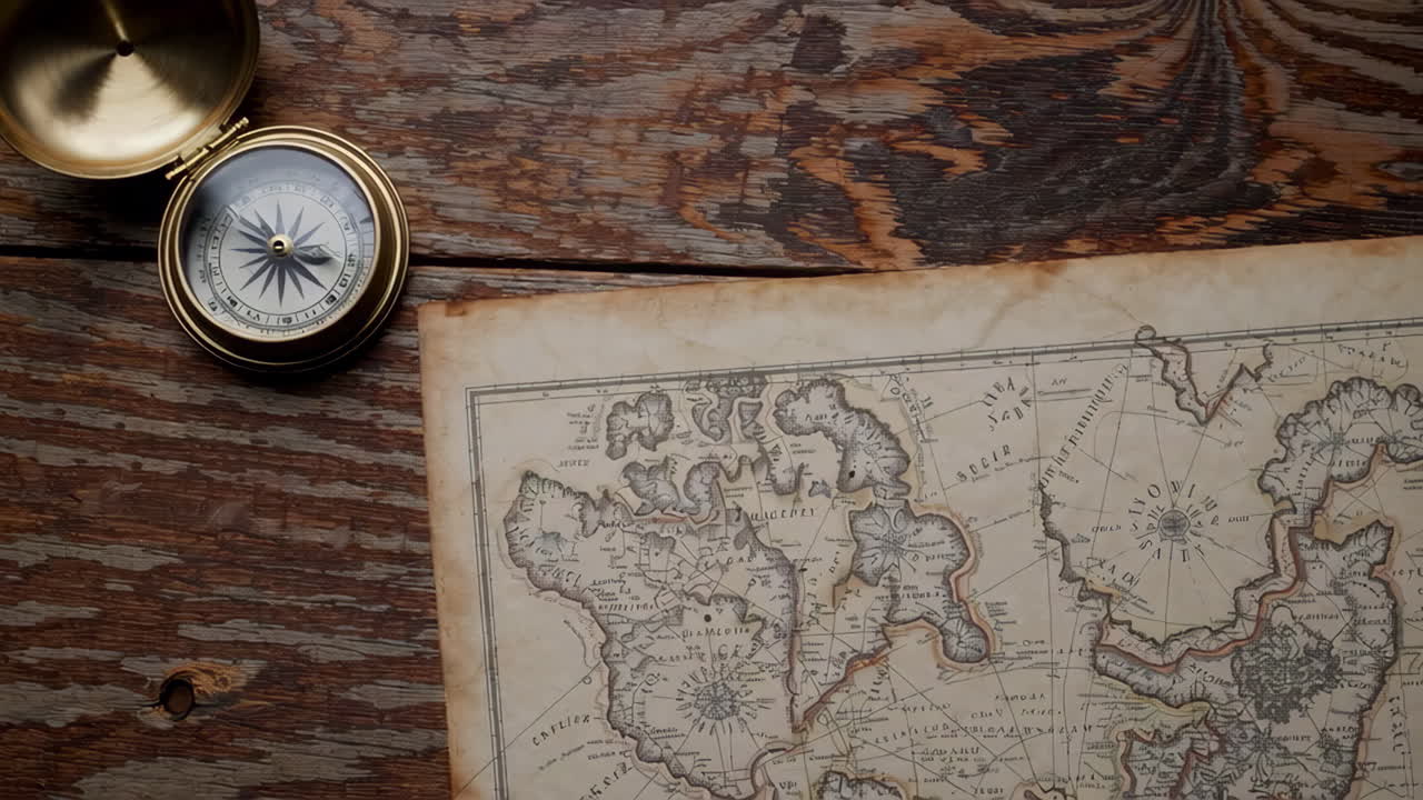 Antique Map and Compass on Wooden Tabletop