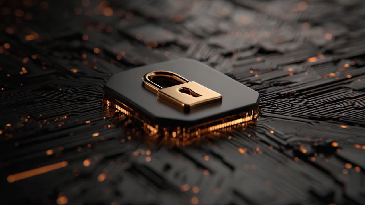 A striking visual representation of digital security featuring a golden padlock on a circuit-patterned surface illuminated by sparkling lights, symbolizing data protection and modern technology