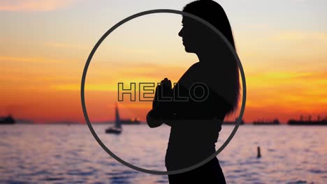 animation of fight text in black circle outline over woman practicing yoga at sunset in background