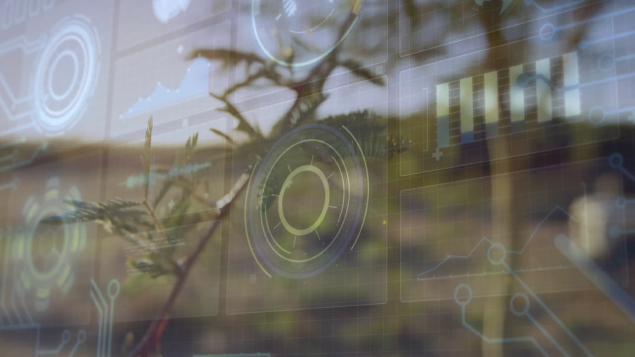 Slender plant branch featuring green leaves blending with futuristic HUD overlays showing data