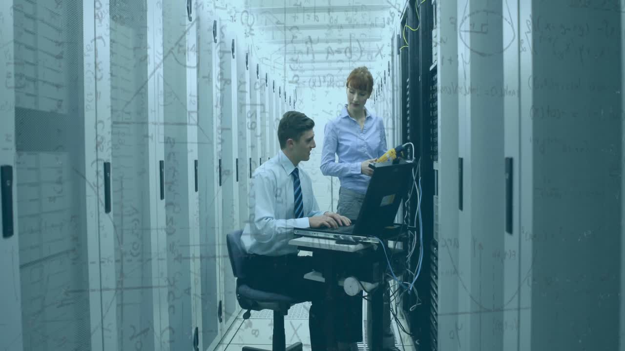 Animation of mathematical formulae over people working in tech room with computer servers