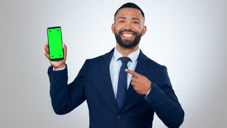 business man, phone and green screen