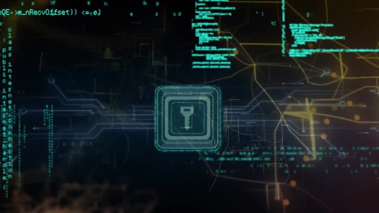 Animation of data processing over cyber security padlock