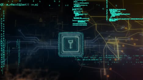 Animation of data processing over cyber security padlock