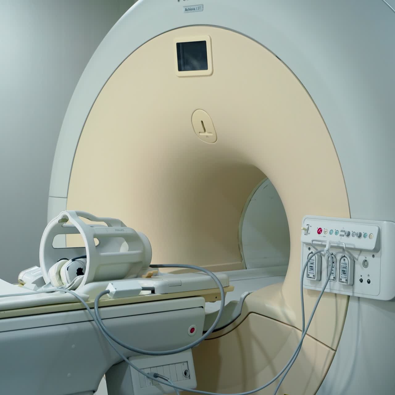 MRI scanner. Computerized tomography machine in diagnostic clinic. Magnetic resonance imaging diagnostic machine isolated. Medical equipment in clinic without people. Health care concept.