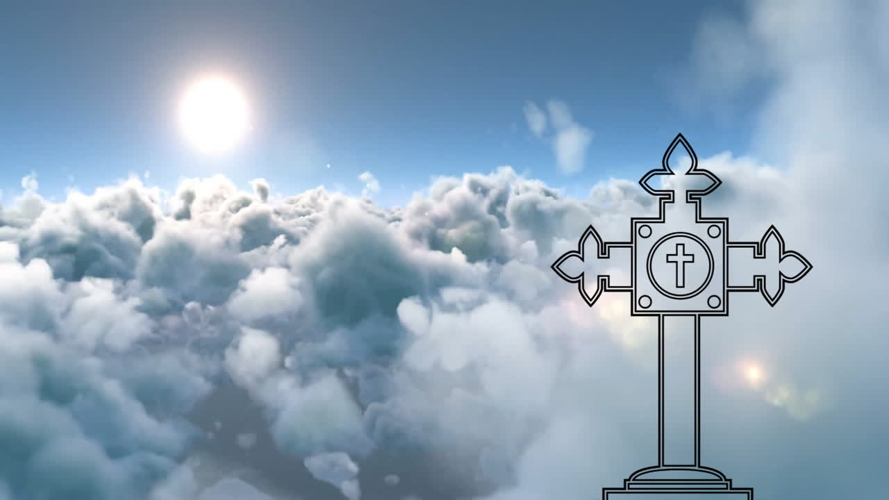 Cross illustration with sun shining over clouds in animated background