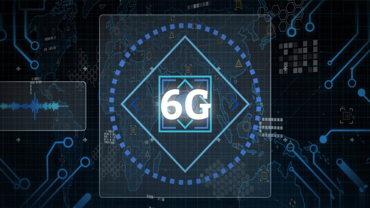 animación del procesamiento de datos con texto 6g sobre mapa del mundo en fondo negro