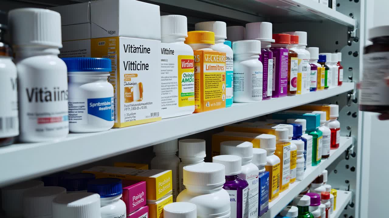 Close-up video angle of a pharmacy shelf filled with colorful medicine bottles and boxes