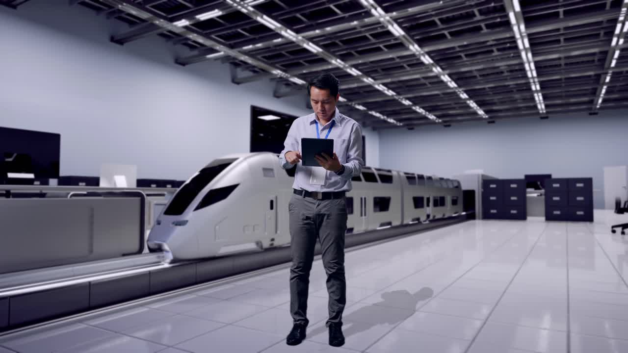 Full Body Side View Of An Asian Male Professional Worker Standing With His Tablet, Futuristic High-Speed Train in a Modern Testing Facility, Typing On His Tablet'S Keybaord With Meditation