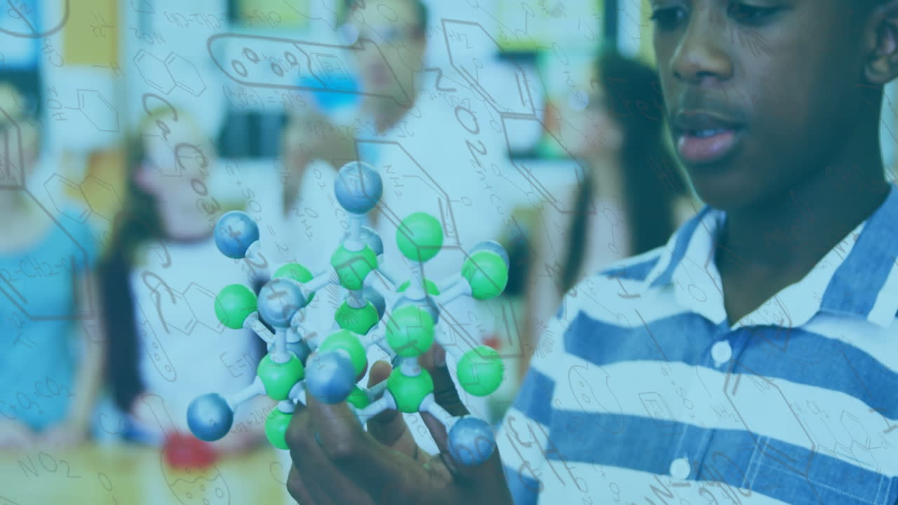 Holding molecular model, child studying science over mathematical equations animation