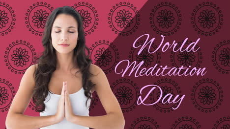 animación del texto del día mundial de la meditación con una mujer caucásica meditando sobre un fondo rojo