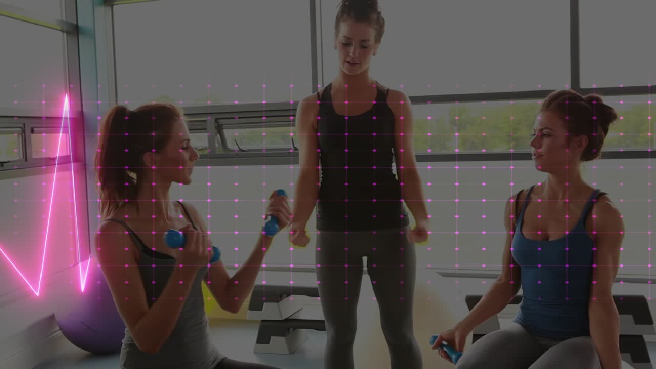 Coach showing arm moves, seated clients mirroring blue weights for fitness, pink waveform growing