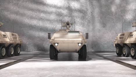 military armored personnel carrier in a warehouse