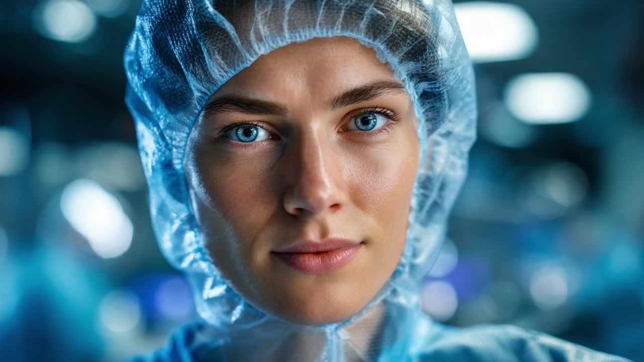 Soustředěný vědec v ochranném oděvu, který klade důraz na přesnost a péči ve výzkumné laboratoři s modrými tóny a profesionální atmosférou.