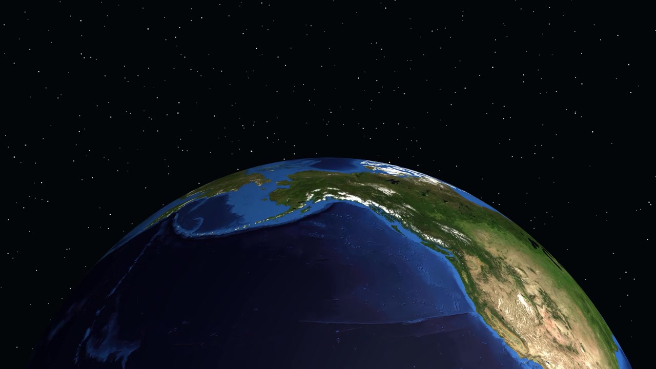 Digitale wereldbol draait en zoomt in op Alaska, met een locatiepin en demografische informatie