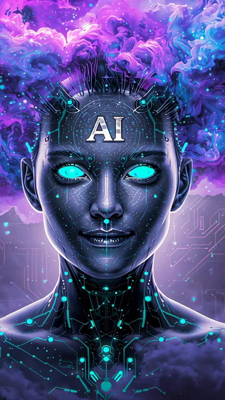 Vertical video: Inward zooming humanoid AI holding gaze pulsing cyan eyes and AI brow label in VR