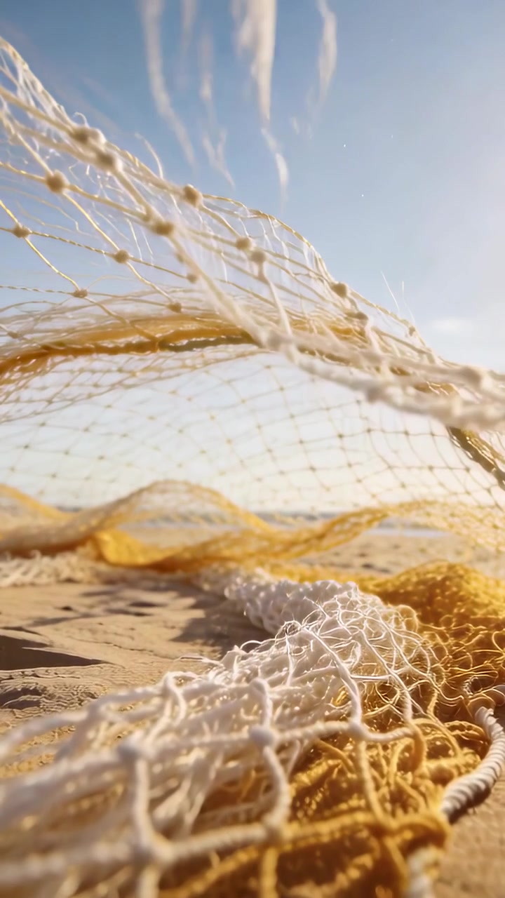 Video verticale: Rete da pesca giallo-bianca che si gonfia e si solleva sulla spiaggia, la brezza muove i galleggianti