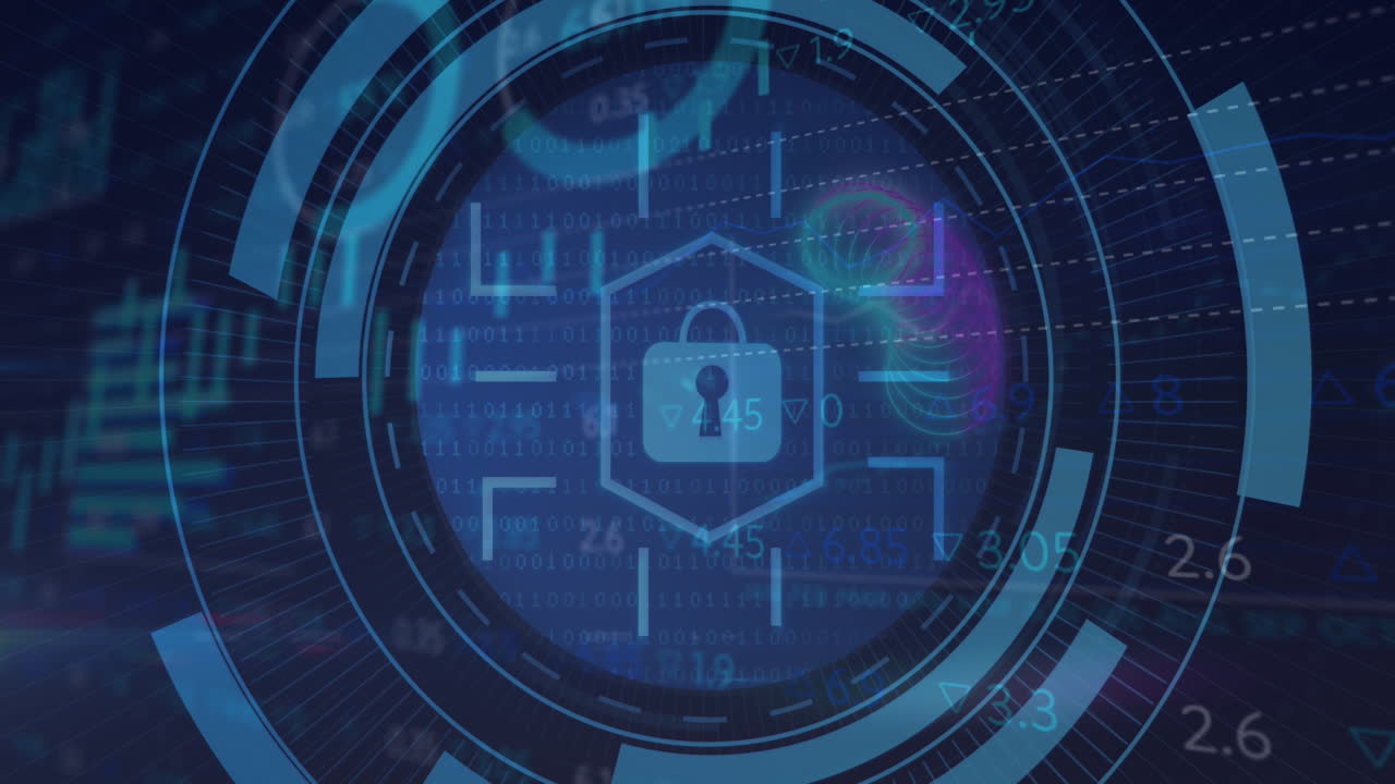 Animation of padlock, moving circles with multiple graphs and trading board over abstract background