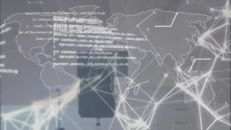 Animation-of-connected-dots-forming-shape,-map,-computer-language-over-chair-and-desktop-in-office