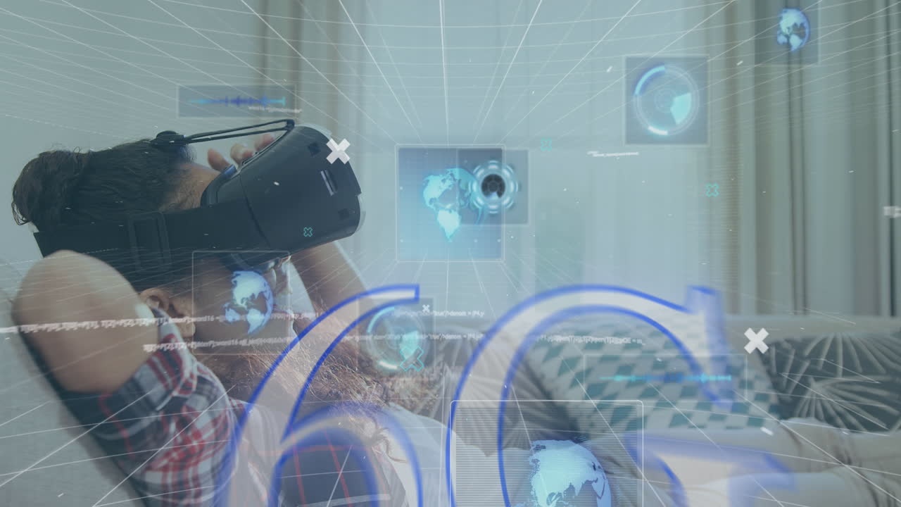 Animation of 6g text, scopes scanning and data processing over woman wearing vr headset