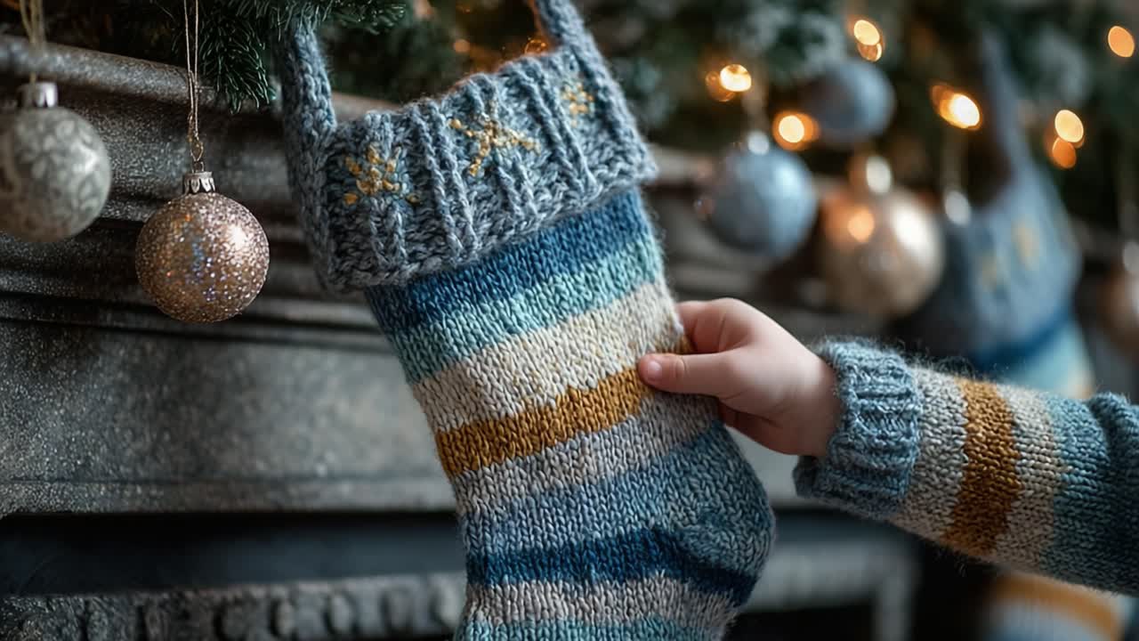Cozy Holiday Scene Featuring a Handcrafted Knitted Stocking and Delicate Ornaments in a Warmly Decorated Living Room Setting Ready for Festive Celebrations