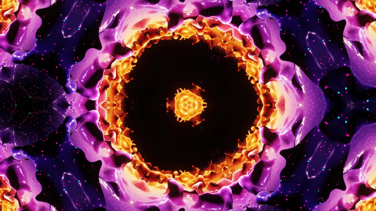 effetto caleidoscopio con onde astratte. strutture 3d simmetriche astratte come kaleidoscopio liquido in animazione a anello, gradienti di colore lisci con luccioli di luminosità. bellissimo modello 3d astratto bg. dof