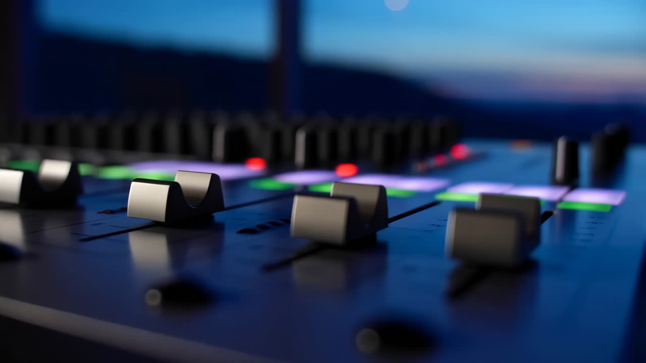 Close-up of an Audio Mixer in a Darkened Room