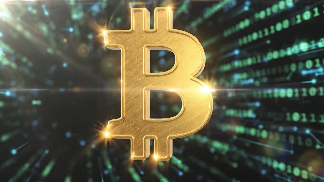 Uno sguardo affascinante nel dinamico mondo delle criptovalute: il simbolo dorato di Bitcoin che emana flussi di dati in un paesaggio digitale