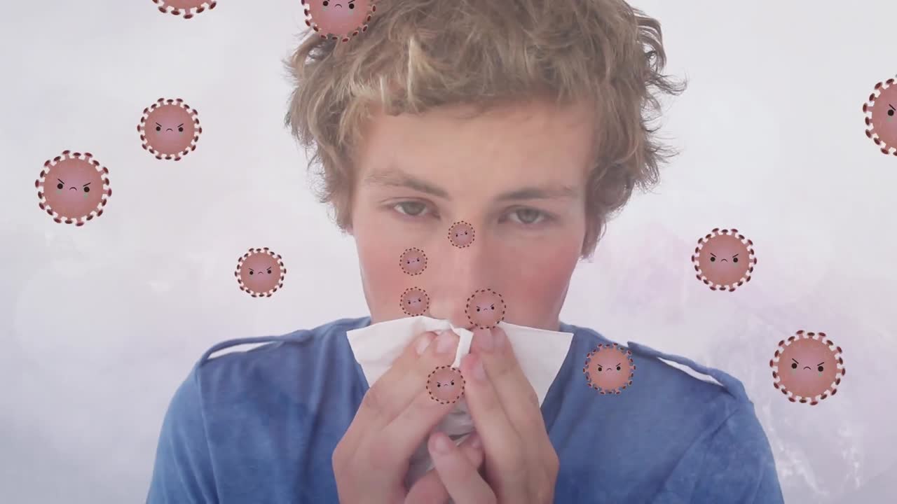 백인 남자의 재채기를 통해 바이러스 세포의 애니메이션