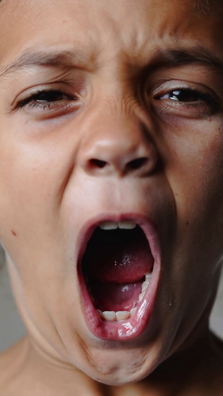 Vertical video: Scream starting bare shoulders child tensing jaw eyes in room, showing teeth saliva