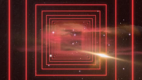 digital animation of red square shapes in seamless motion against shining stars in space