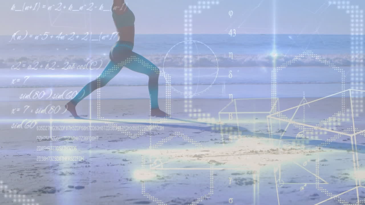 Practicing yoga on beach, woman with animation of geometric shapes and numbers