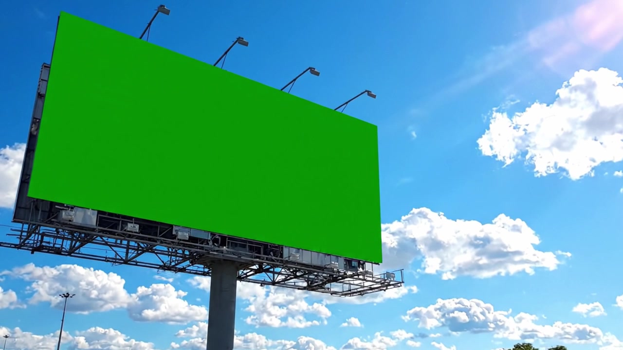 Un cielo azzurro limpido con un grande cartellone pubblicitario vuoto in attesa di annunci, circondato da alberi verdi lussureggianti e nuvole bianche brillanti, perfetto per campagne di marketing.