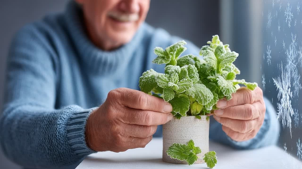 A Gentle Touch: An Elderly Man Caring for Frosty Mint Plants by the Window, Highlighting the Beauty of Nature in Winter's Embrace