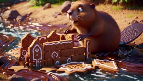 a playful beaver focuses on its whimsical construction of gingerbread houses by the riverside, showcasing creativity and charm in a vibrant animated setting