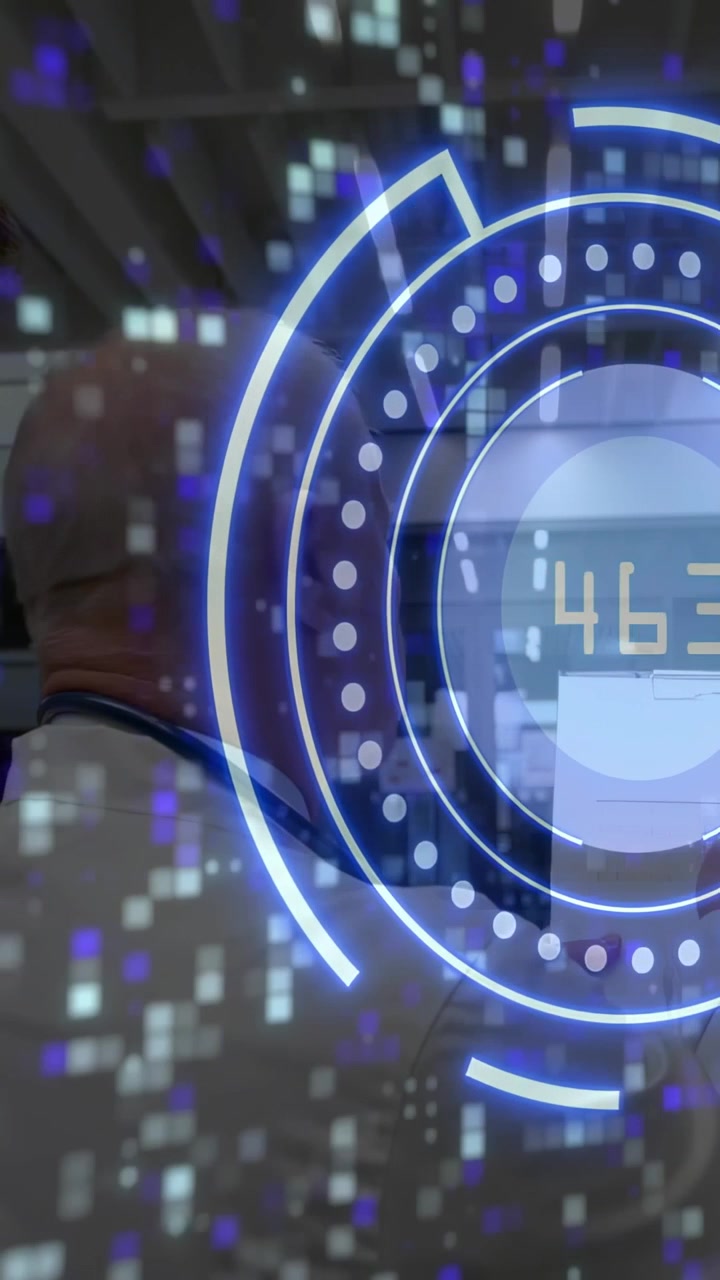 Circular blue HUD rotating and pulsing on device near glass, digits cycling to show sensor readings