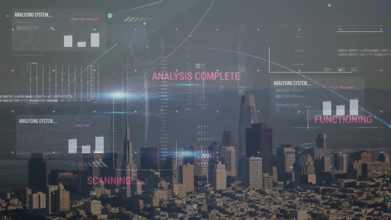 Animation of data processing over cityscape