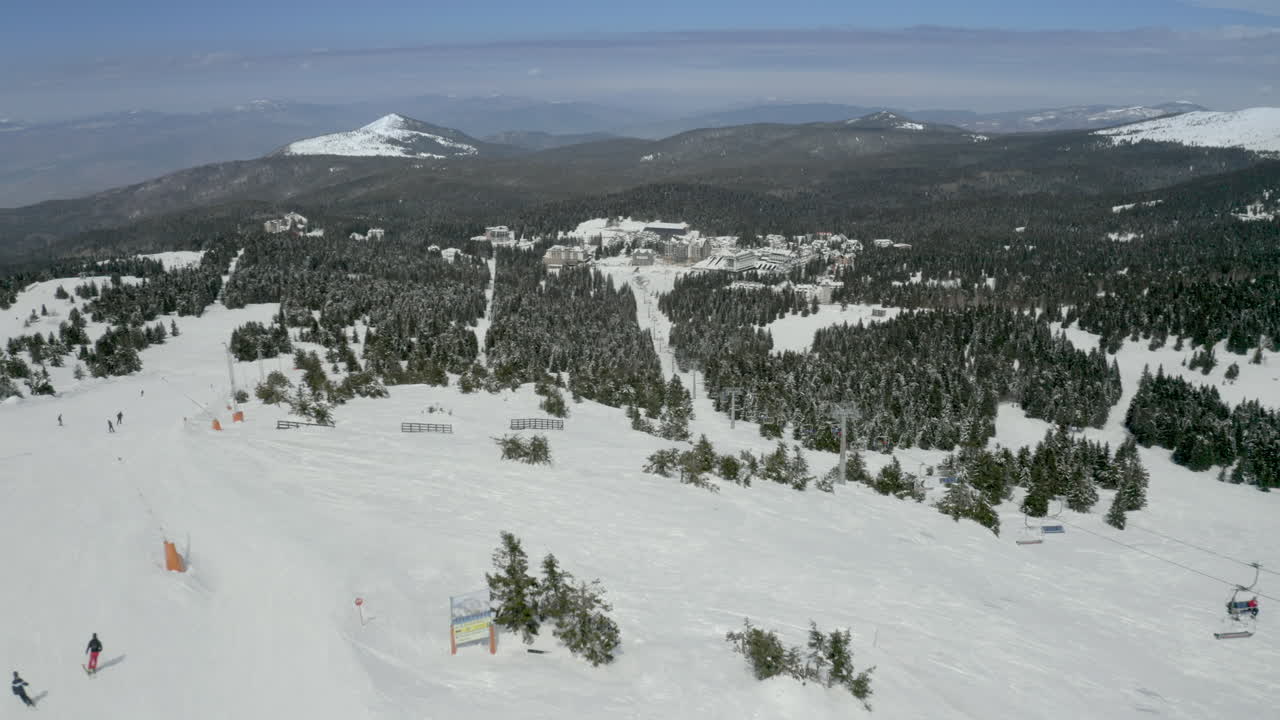 Aerial View of a Bustling Ski Resort on a Snowy Mountain