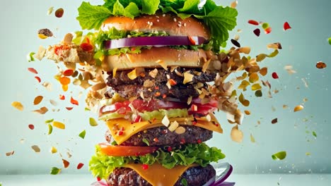 a large hamburger with a lot of toppings falling out of it