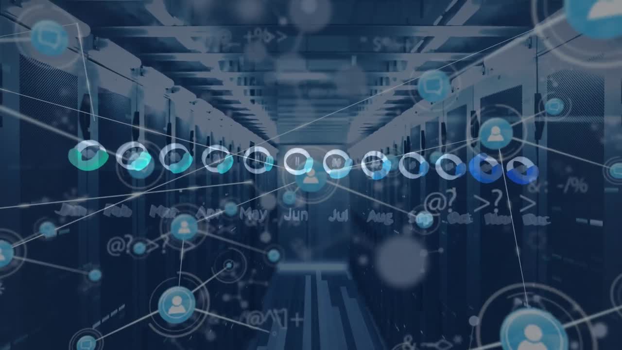 animación de la red de conexiones y procesamiento de datos con moléculas a través de la sala de servidores