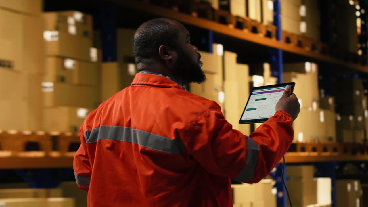 Man staff member scanning packages in modern fulfillment center
