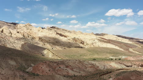 the cinematic view captures the serene beauty of the rugged red sandstone cliffs under a vibrant blue sky at sunset